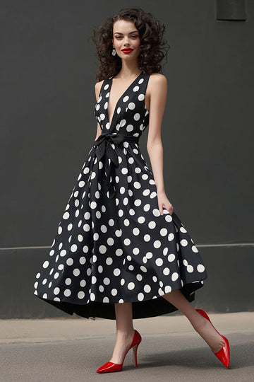 Svart Vit A Line V-ringad Polka Dots Klänning